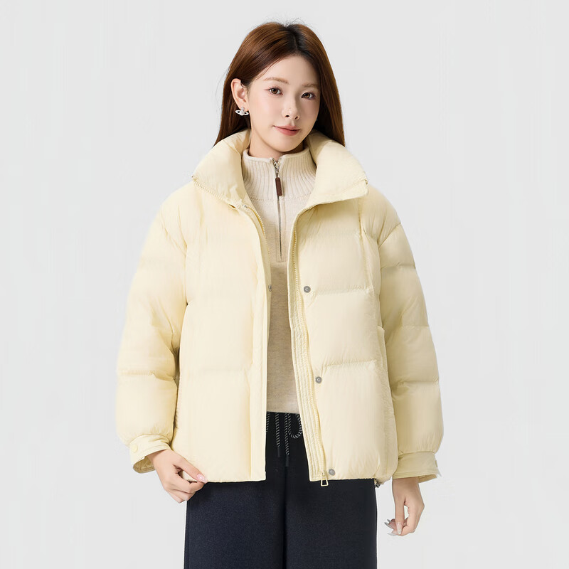 快鱼2025冬季新款针织拼接连帽羽绒服时尚保暖宽松外套女士羽绒衣 淡黄 L