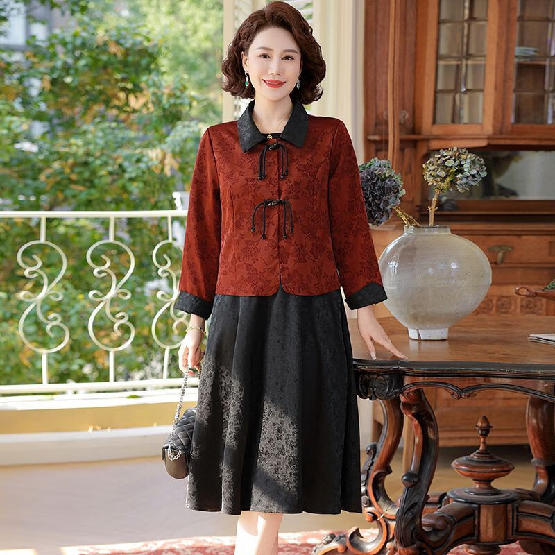中国风妈妈装提花连衣裙套装中老年女装气质新中式外套裙子两件套 安哥拉红套装 【外套+裙子】 XL 【建议80-105斤】