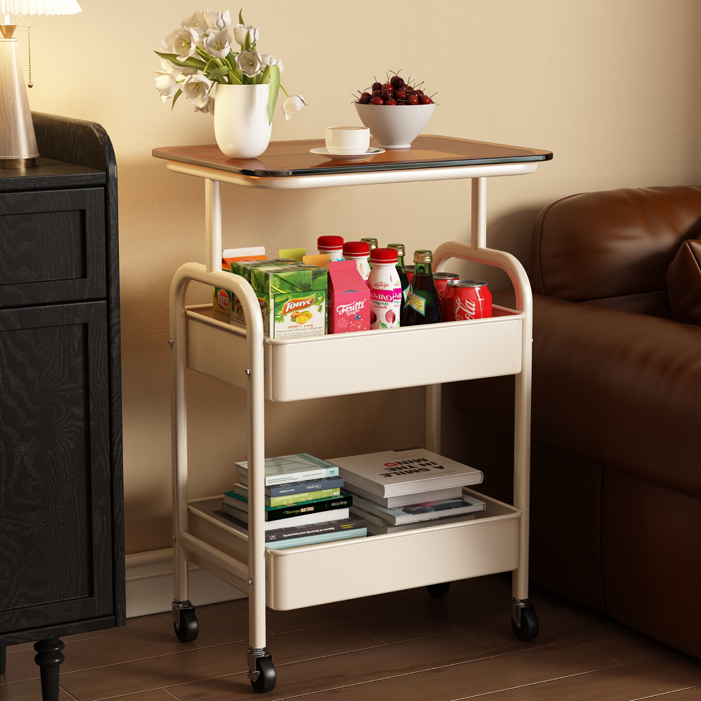 木樽中古风推车置物架可移动沙发边几收纳柜架子床边桌子零食落地床头 三层+密度板 奶油白