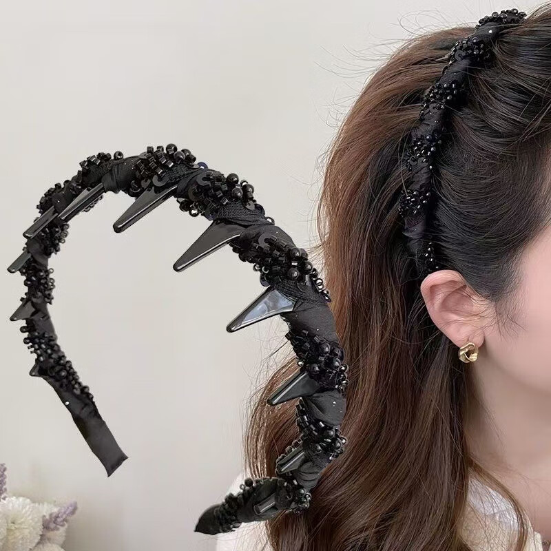 【厂家直供】小众新款手工串珠感轻奢波浪发箍专用颅顶头箍小香风 1 黑色绕珠发箍