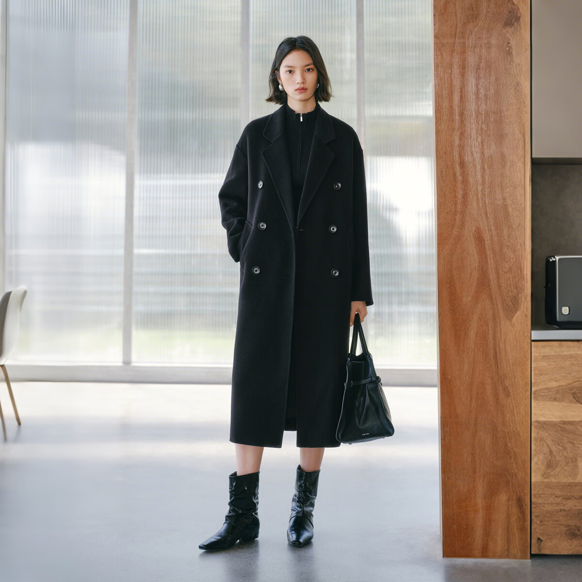 太平鸟大师甄绒甄毛系列新中式优雅双面呢大衣冬季毛呢外套合集 经典双面呢大衣黑色 常规 M