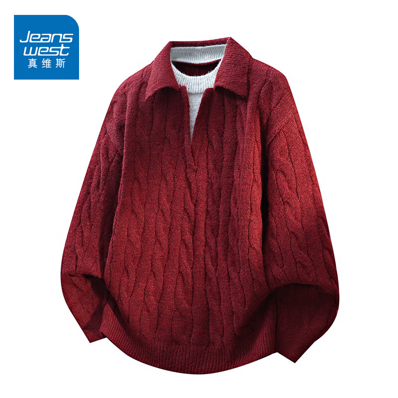 真维斯（Jeanswest）2026毛衣冬季男士假两件翻领长袖针织打底衫潮流时尚百搭休闲上衣 红色 【柔软舒适】 2XL 推荐135-150斤