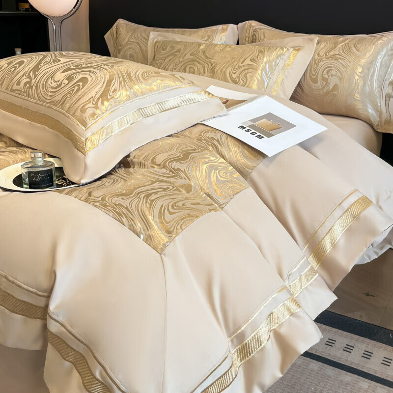 水星家纺100支床上四件套纯棉轻奢贡缎提花全棉床单纯棉被套床品 海韵-香槟 床笠款 2.0四件套-被套220x240