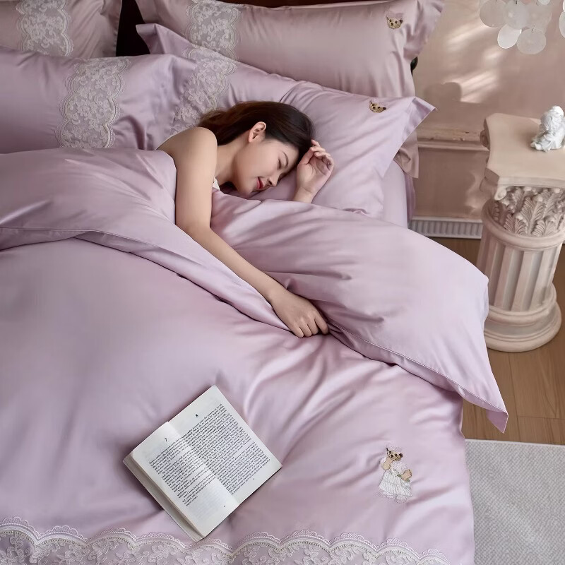 Teenie Weenie小熊新款法式轻奢高级四件套全棉纯棉床单被套高支高密床上套件 【轻奢法式+高级丝滑】 诗羽-淡雅莎 2.0m 床单款 被套220*240cm 四件套