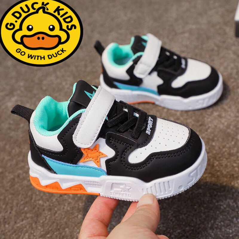 G.duck小黄鸭儿童板鞋2026新款春秋男童鞋宝宝单鞋皮面女童运动鞋幼儿园 黑色 21 内长13厘米