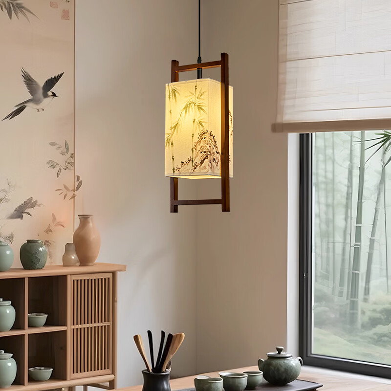中式宋代美学小吊灯复古实木茶室书房餐厅过道走廊玄关床头吊灯 03-竹送映画【送全光谱护眼光源】 三色变光