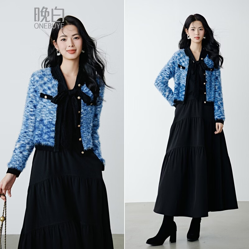 晚白【新品】2026年春款时尚黑金撞色小香风毛衣软糯舒适短针织开衫女 蓝色 M