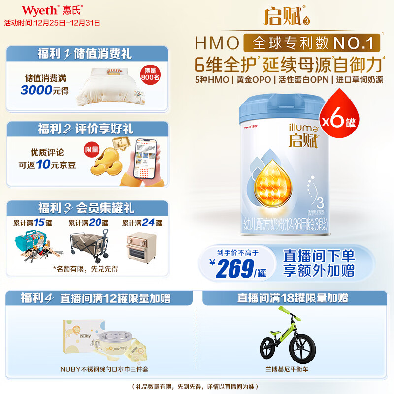 惠氏（Wyeth）启赋蓝钻HMO幼儿配方奶粉3段（12-36月）810g*6罐