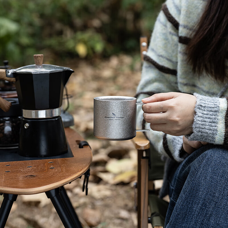 必唯纯钛户外咖啡杯220ml便携露营水杯双层防烫儿童水杯杯子随行茶杯 220ml水杯银色+长咖啡勺