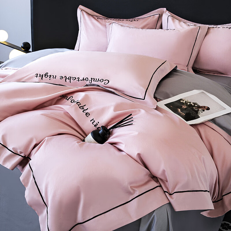 水星家纺床上四件套纯棉高端轻奢A类被套罩长绒棉贡缎床单床笠款床品 奶茶+浅灰 1.8m 床笠款 被套加大四件套 【被套220x240cm】