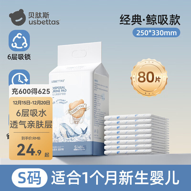 贝肽斯新生婴儿一次性隔尿垫宝宝专用护理垫透气防水大尺寸不可洗 S码80片-经典款-单片低至0.31元 0x0cm