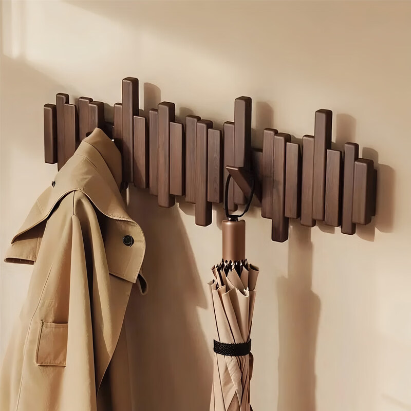 诗元实木钢琴键挂衣架室内墙上壁挂衣帽架办公室玄关入户门免打孔挂钩 胡桃色3钩【进口全实木 安全无异味】