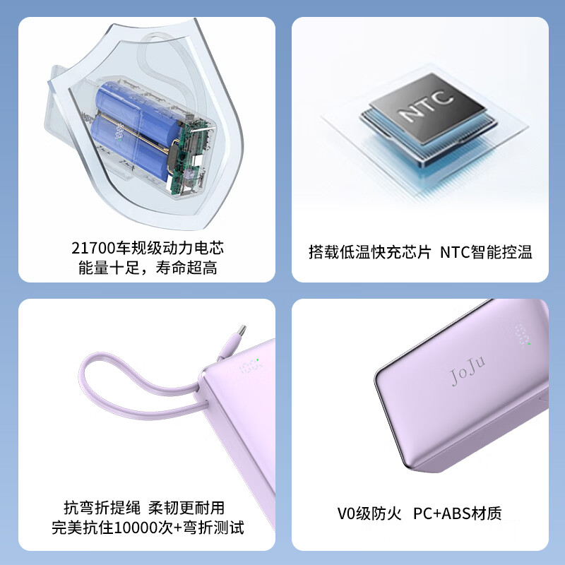 JOJU充电宝【3c认证可上飞机】移动电源自带线10000毫安快充便携小巧车规级电芯适用安卓苹果15以上 【1万毫安|22.5W超级快充】曜石黑