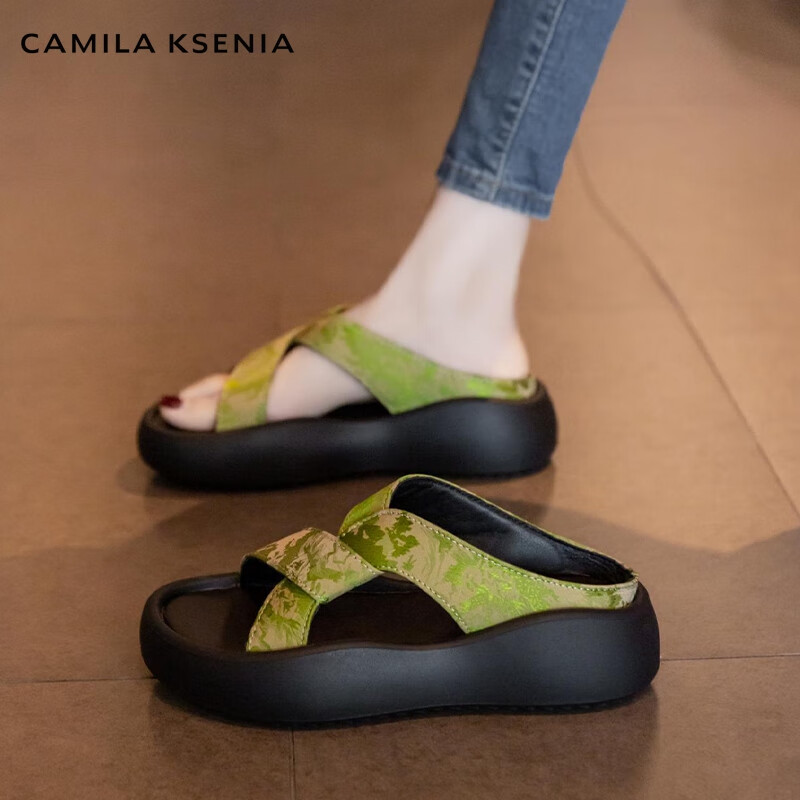 CAMILA KSENIA拖鞋2026新款休闲百搭夏季女沙滩凉鞋时尚厚底一字拖增高凉拖鞋子 奶咖色 36