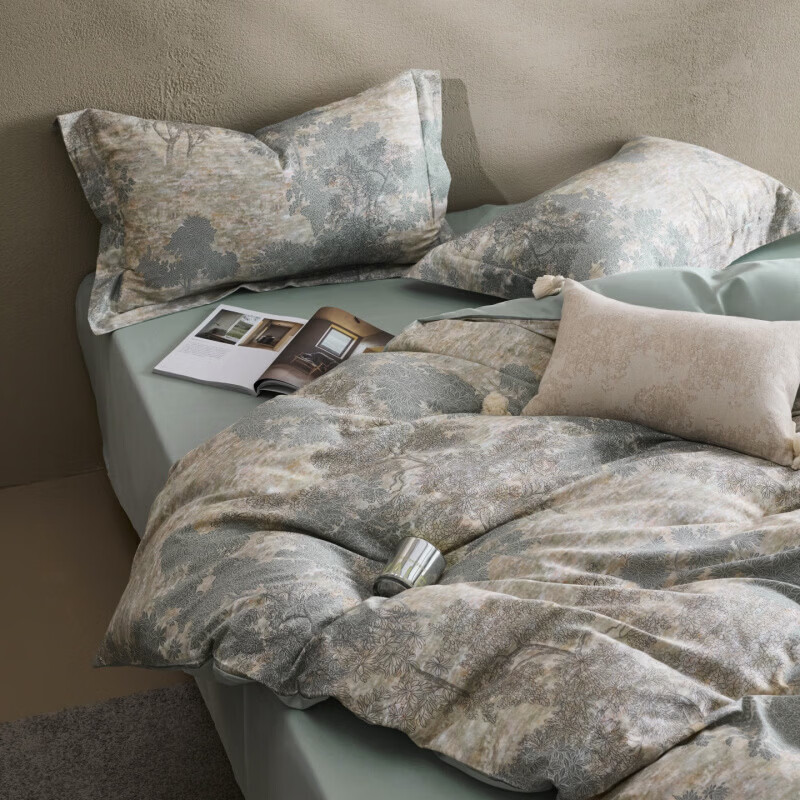 水星家纺床上四件套60支新疆长绒棉贡缎纯棉轻奢床单被套床上用品 枕畔森光 床单款 2.0m四件套