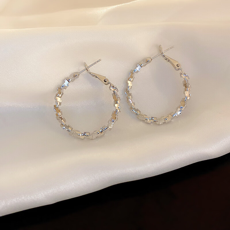 银针锆石拼接椭圆金属耳环冷淡风个性耳钉百搭时尚耳饰 银针-银色圆形