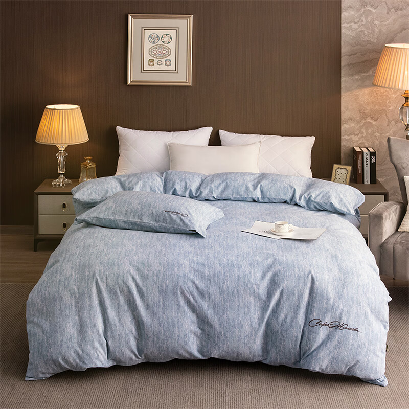 ROLAND LIVE棉天丝纯色刺绣被套单件单双人裸睡被套被芯罩四季床品 CW 棉天丝被套单件-宝绮蓝 单被套150*200cm