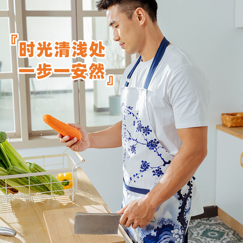 尚悦靓高档围裙纯棉耐磨山水画挂脖围裙防污防油餐厅前台工作服围腰围裙 纯棉山水画风围裙【百褶款】
