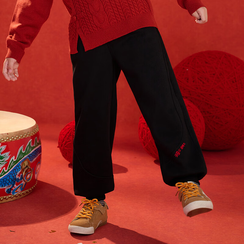 棉花堂（cottontown）【新年】棉花堂男童加绒裤子2026马年运动裤儿童拜年服加厚长裤女 黑色 90 90/50