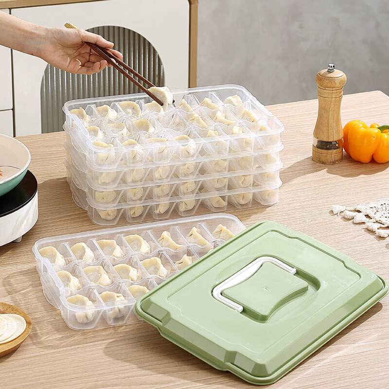 胖东来同款饺子冷冻盒保鲜盒 饺子盒分格家用冰箱速冷冻收纳盒多 蓝色-2层1盖-分格42格
