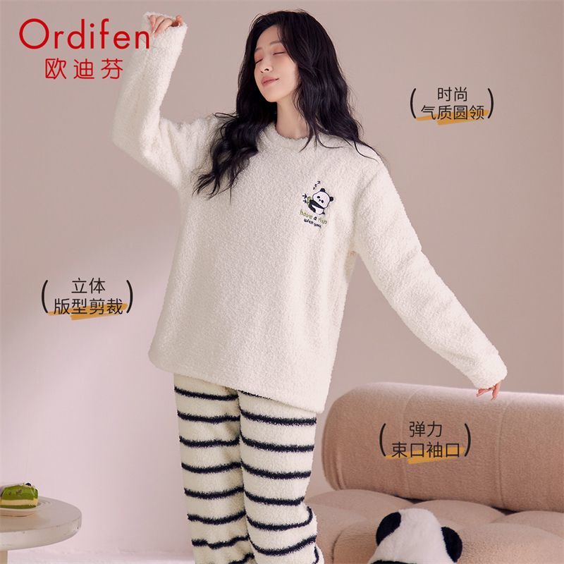 欧迪芬女士睡衣女半边绒暖呼呼卡通熊猫家居服秋冬可外穿套装 【半边绒萌宠熊猫印花-杏色】 XL 【建议身高165-170cm】