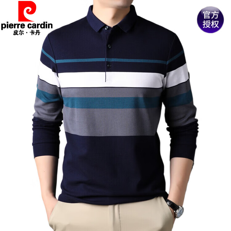 皮尔卡丹(pierre cardin)长袖T恤男中青年男装丝光棉条纹2025秋季修身休闲棉质POLO领衫 湖绿 66102 3XL 185/125
