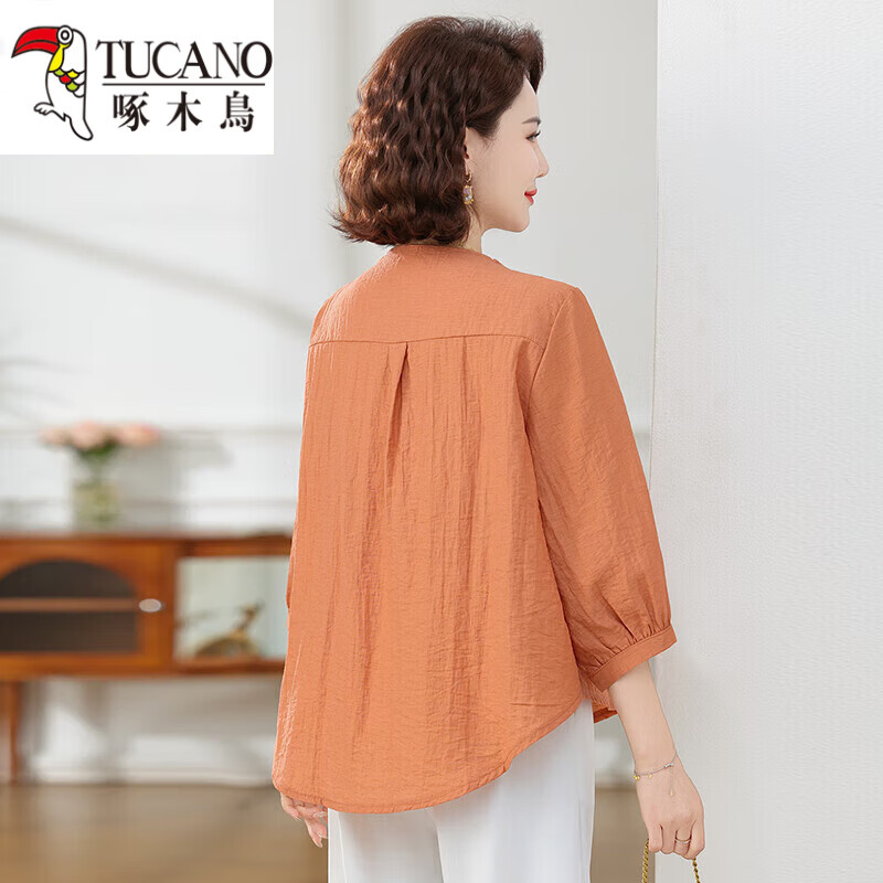 啄木鸟（TUCANO）高端棉麻上衣大尺码女装夏季新款中年老年妈M妈宽松七分袖亚麻衬 粉紫色 XL 建议85-105斤