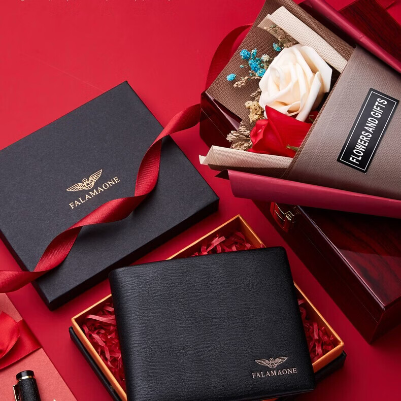 FALAMAONE法莱阿玛尼品牌钱包男士真皮短款头层牛皮情人节生日礼物送老公 头层牛皮204-1【实木礼盒】 代写贺卡打印照片联系客服