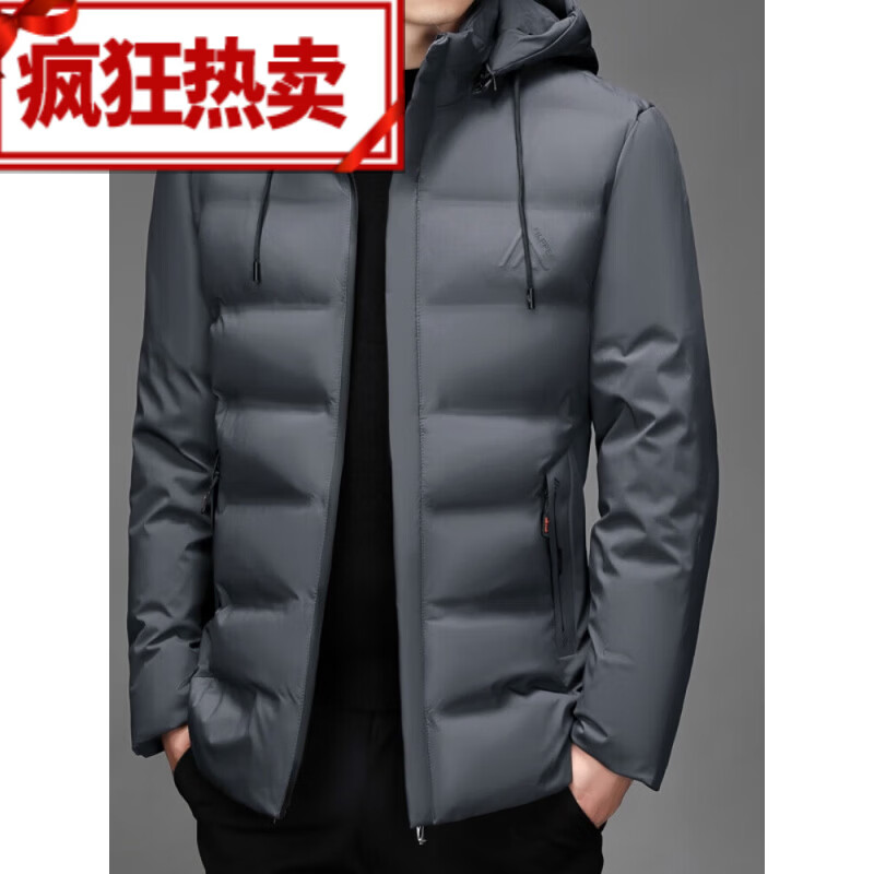范西奢羽绒服男士短款冬季加厚保暖中青年休闲立领防寒外套男装白鸭绒服 灰色-N2081帽子可卸 L 适合95-120斤