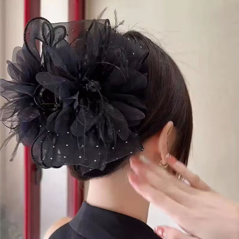 【严选】发饰网纱羽毛思亚新款非金属布艺黑夜发卡花片手工蝴蝶结 2# 13厘米满天星花朵羽毛抓夹