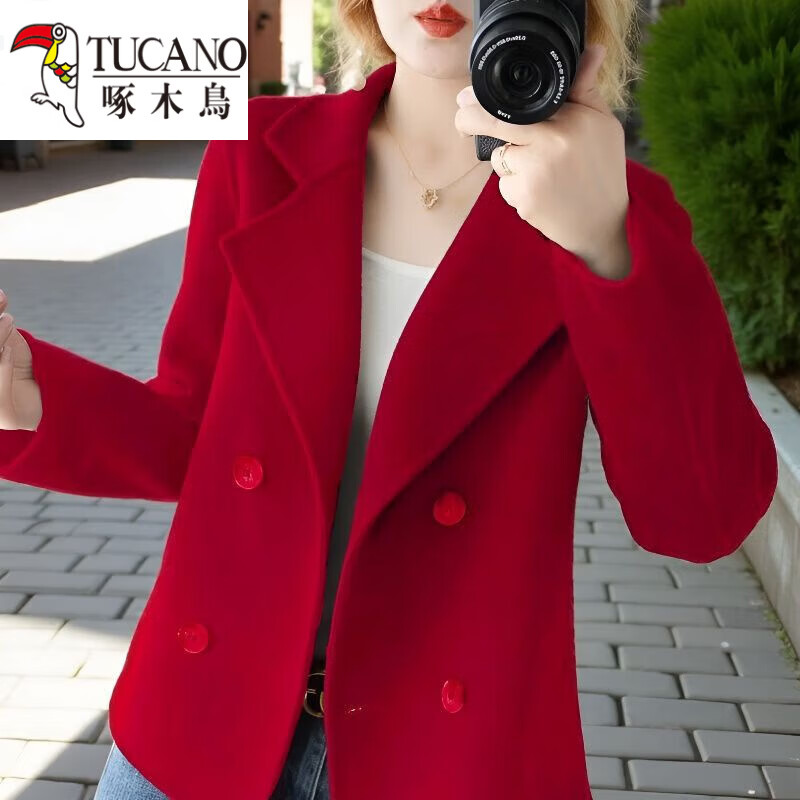 啄木鸟（TUCANO）短款毛呢大衣2025小个子秋季外套呢料双排扣女士秋冬外套毛呢大衣 咖色【没有口袋】 2XL 120-135斤