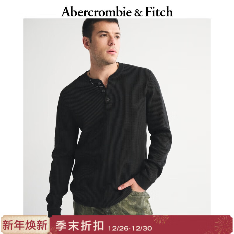 Abercrombie &amp; Fitch男装25秋冬美式经典百搭棉质华夫格亨利领针织长袖T恤124-5645 黑色 XL (180/116A)