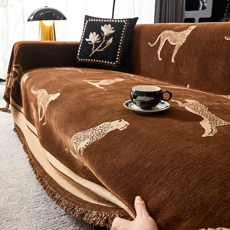 缔卓怡复古轻奢沙发盖布巾2026新款一整张坐垫套罩四季通用防猫抓 金钱豹-咖色 180cm*130cm (适用于单人位/脚踏)