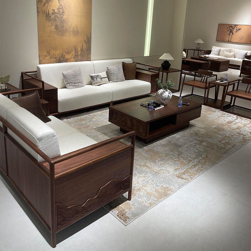 新中式黑胡桃木客厅沙发高端实木布艺沙发设计感小户型客厅三人位 定制联系客服