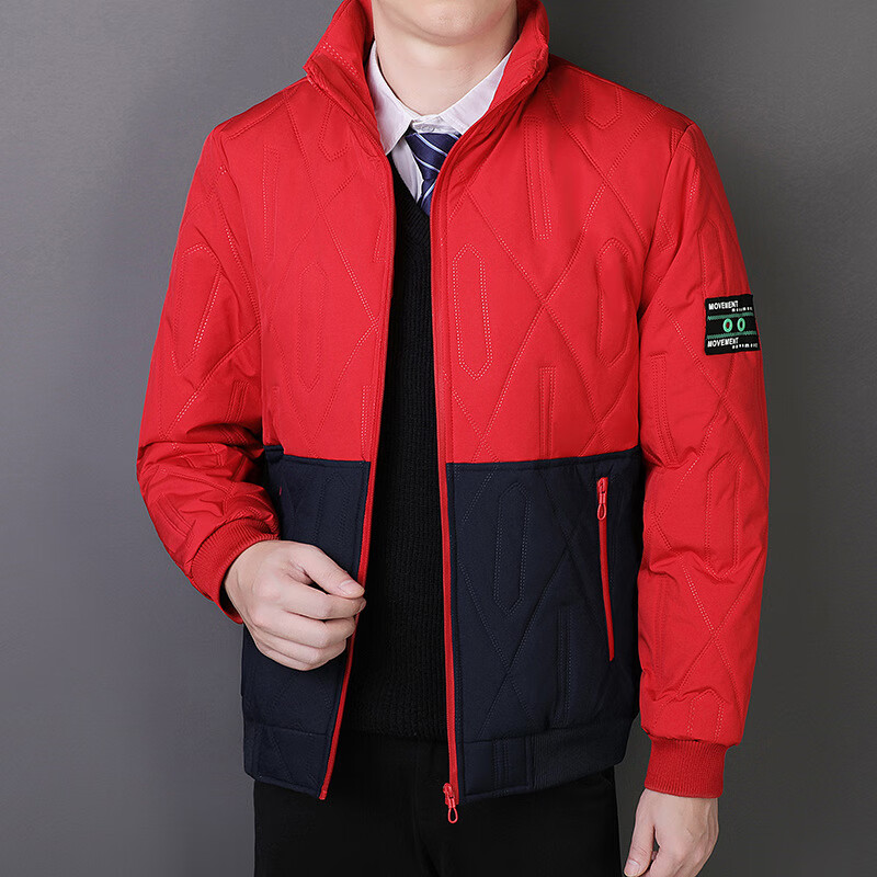 MOJY2025年菱形格棉服男款冬季加绒加厚立领棉衣外套保暖防寒棉袄夹克 红色, M