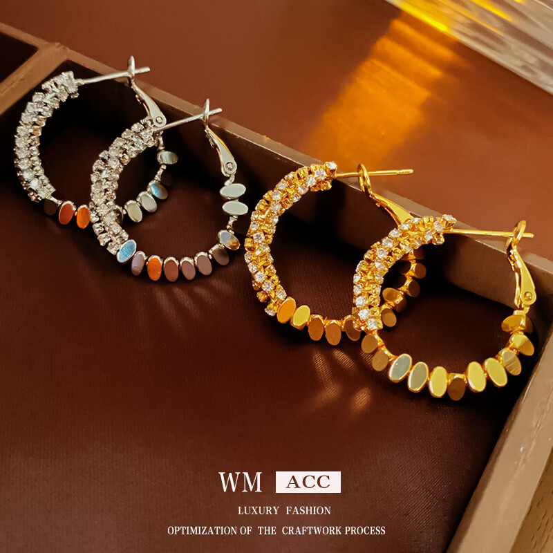 银针锆石拼接椭圆金属耳环冷淡风个性耳钉百搭时尚耳饰 银针-银色圆形