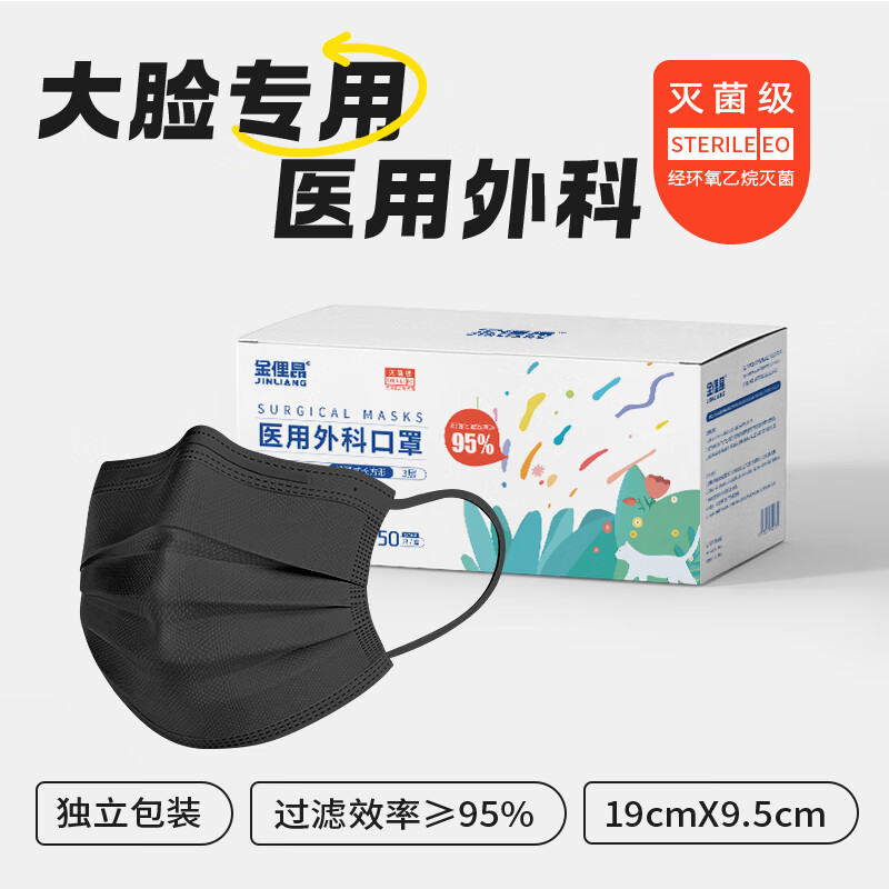 金俚昂大脸型医用外科口罩加大码加长宽耳带不勒耳灭菌级药监局注册正规 黑色 加大