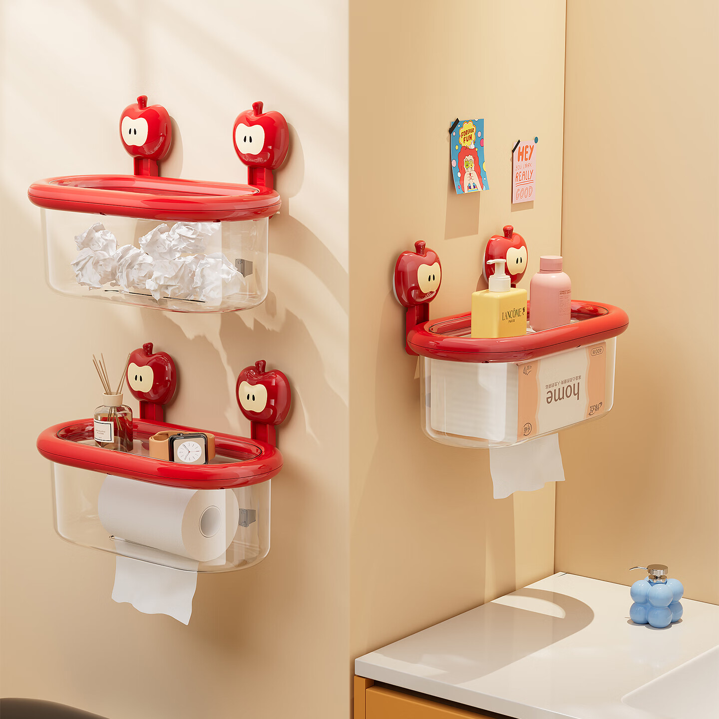 橱明星卫生间厕纸盒厕所吸盘壁挂式纸巾盒免打孔卫生纸置物架卡通抽纸盒 红苹果-吸盘式 带盖子加抽纸口【抽纸/卷纸通用】