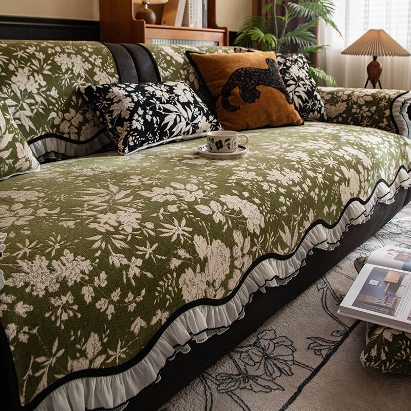 缔卓怡中古风高级异形沙发垫雪尼尔四季通用防滑坐垫套罩防猫抓盖布巾 异形繁花-绿色 70cm*70cm