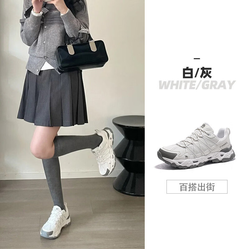 骆驼（CAMEL）清岩登山鞋女士冬季透气防滑轻便耐磨徒步鞋男户外运动鞋子 F24B693074B，白灰，女 【密网款】 35