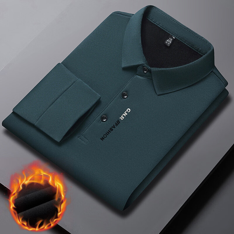 WAMLBN秋冬季男士长袖加绒中年翻领打底polo衫爸爸装 卡其 L 170/【建议115-130斤】