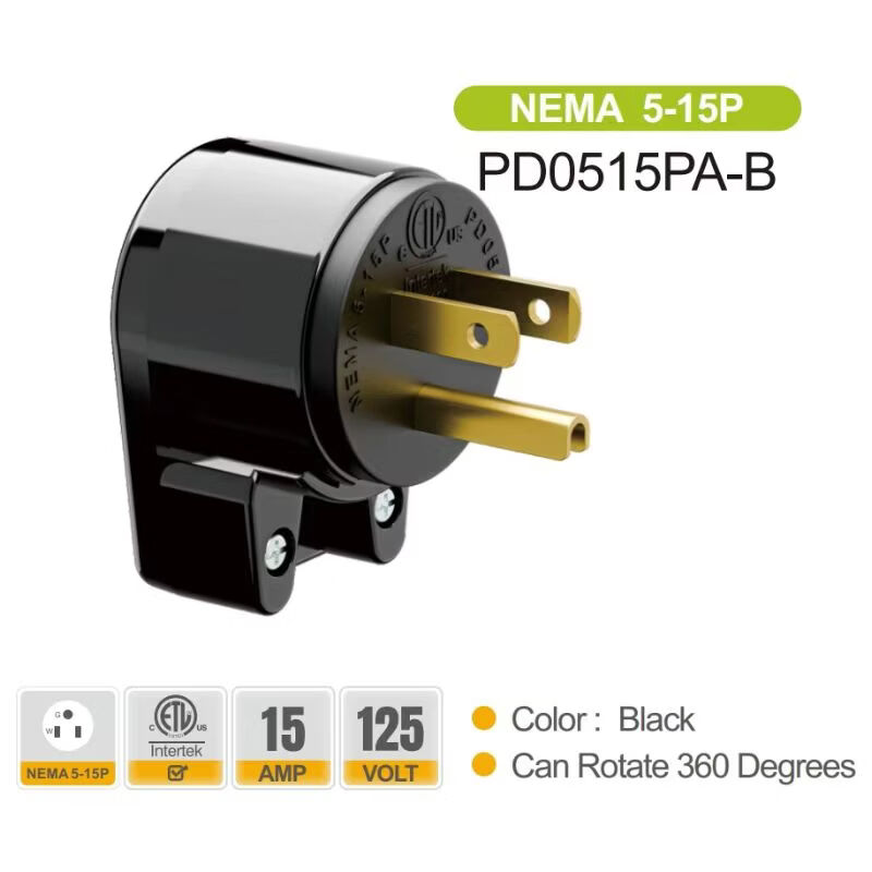 TLDPLUG新款美国标准电源插头插座NEMA 5-15 5-20 6-15 6-20美规安全认证标准12个方向可调节易安装美式 雅黑色 美标插头NEMA 6-15P【15A 250V】