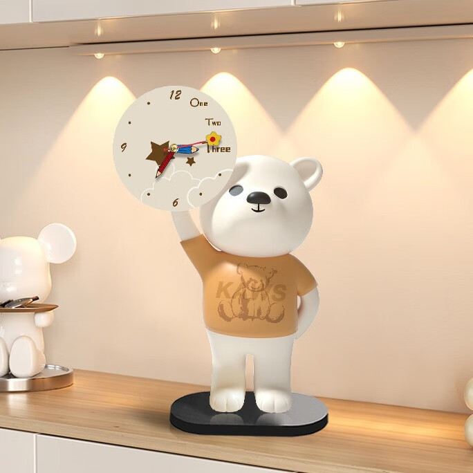 OYKTN小熊钟表摆件孩子书房课桌装饰摆台客厅卡通创意时钟小摆画装饰品 奶油小熊 15*20