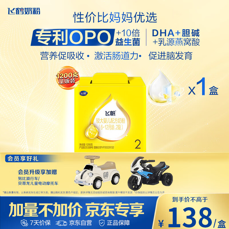 飞鹤飞帆OPO促吸收婴儿配方奶粉2段(6-12月龄)1200克 DHA好脑力奶粉