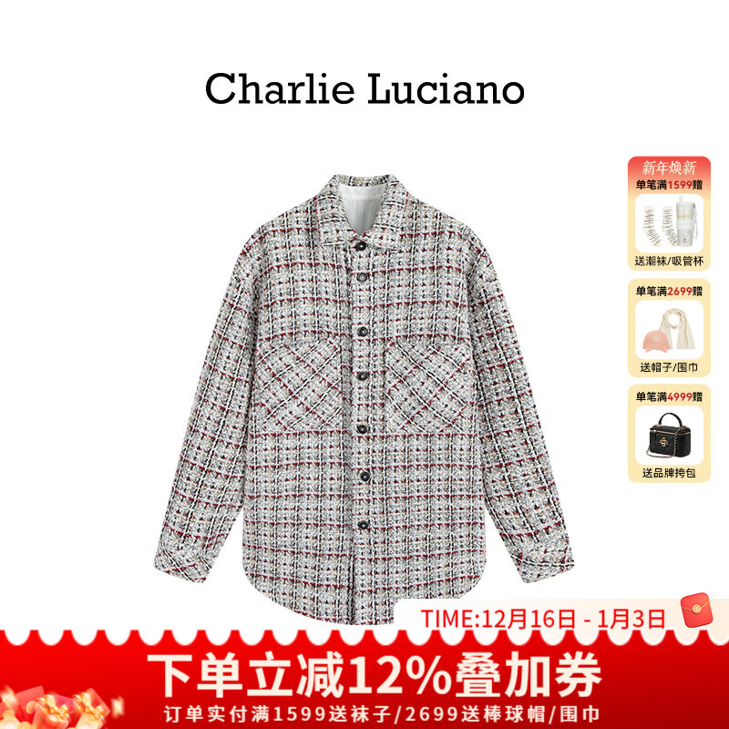 Charlie Luciano編織紅白線小格子襯衫春秋新款62561情侶男女同款cl外套男潮 紅白色 XS
