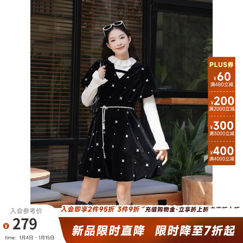 兩三事 流轉(zhuǎn)銀河 2025冬季新款復(fù)古碎花刺繡泡泡袖黑色短裙連衣裙 黑色-y S