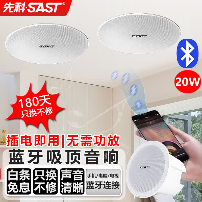先科（SAST）20W无线蓝牙吸顶音响套装 内置功放机室内背景音乐喇叭家庭客厅组合会议店铺广播系统音箱 一拖一