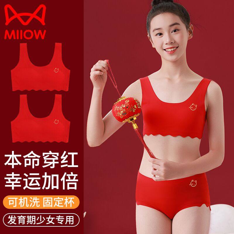 猫人红色少女内衣裤套装本命年蛇年儿童小学生背心青春发育期文胸 内衣裤套装+内衣裤套装+2袜子A组 160 建议体重90-11斤