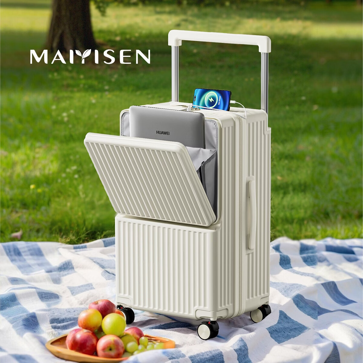 麦意森新款前开口宽拉杆行李箱桃皮绒内里旅行箱大容量5轮拉杆箱 曜石黑 30寸(5轮)