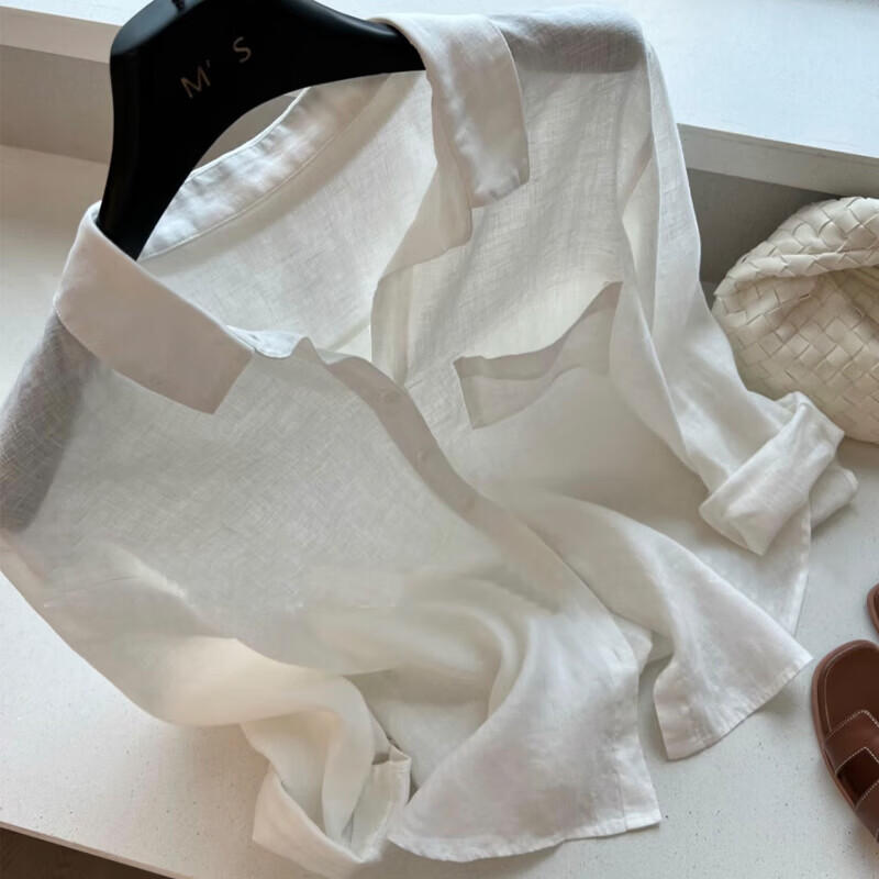 自留推荐 仙女驾到 亚麻白色衬衫女夏季薄款宽松显瘦防晒上衣 白色 S